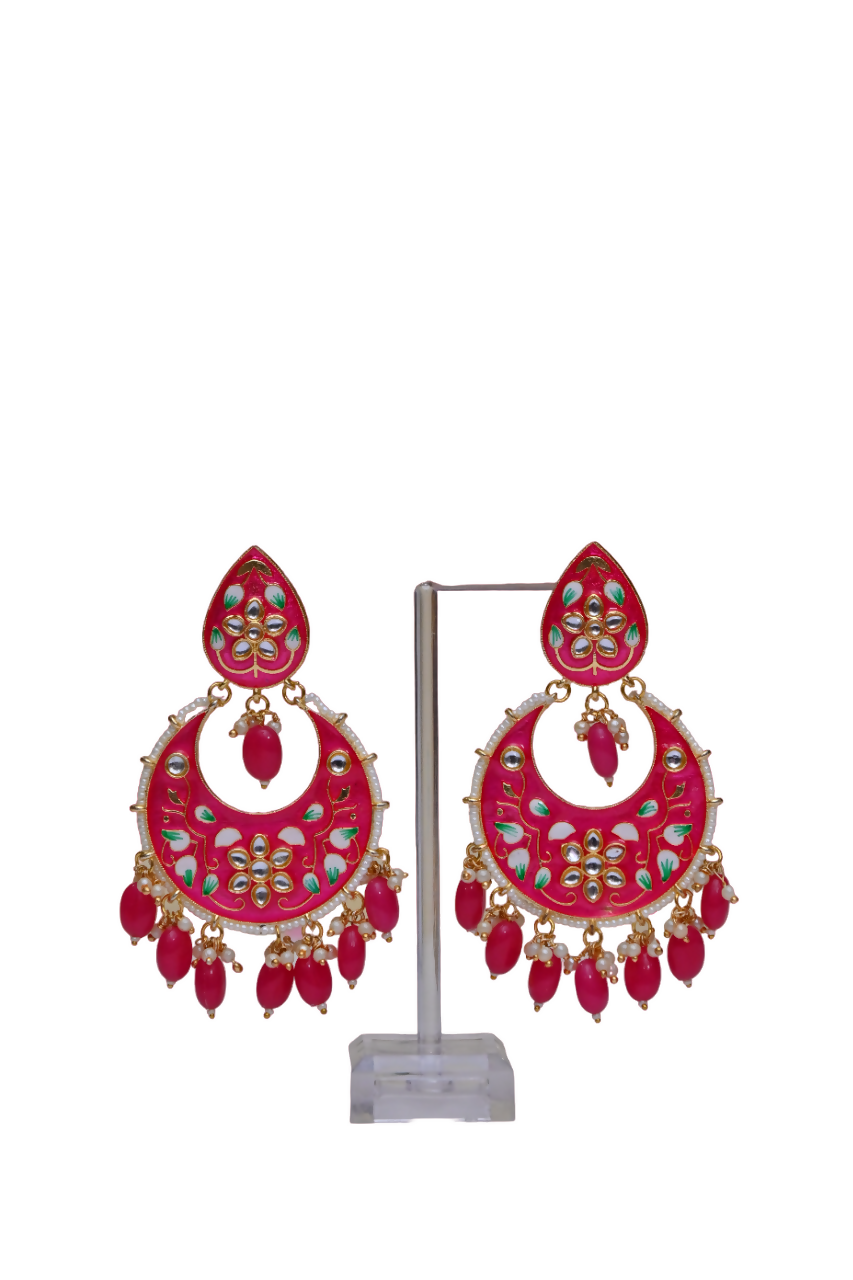 Gold-Polished Brass & Pearl Dangle Women Pink Hand Painted Meenakari Chandbali Earrings By House of Ree - House of Ree