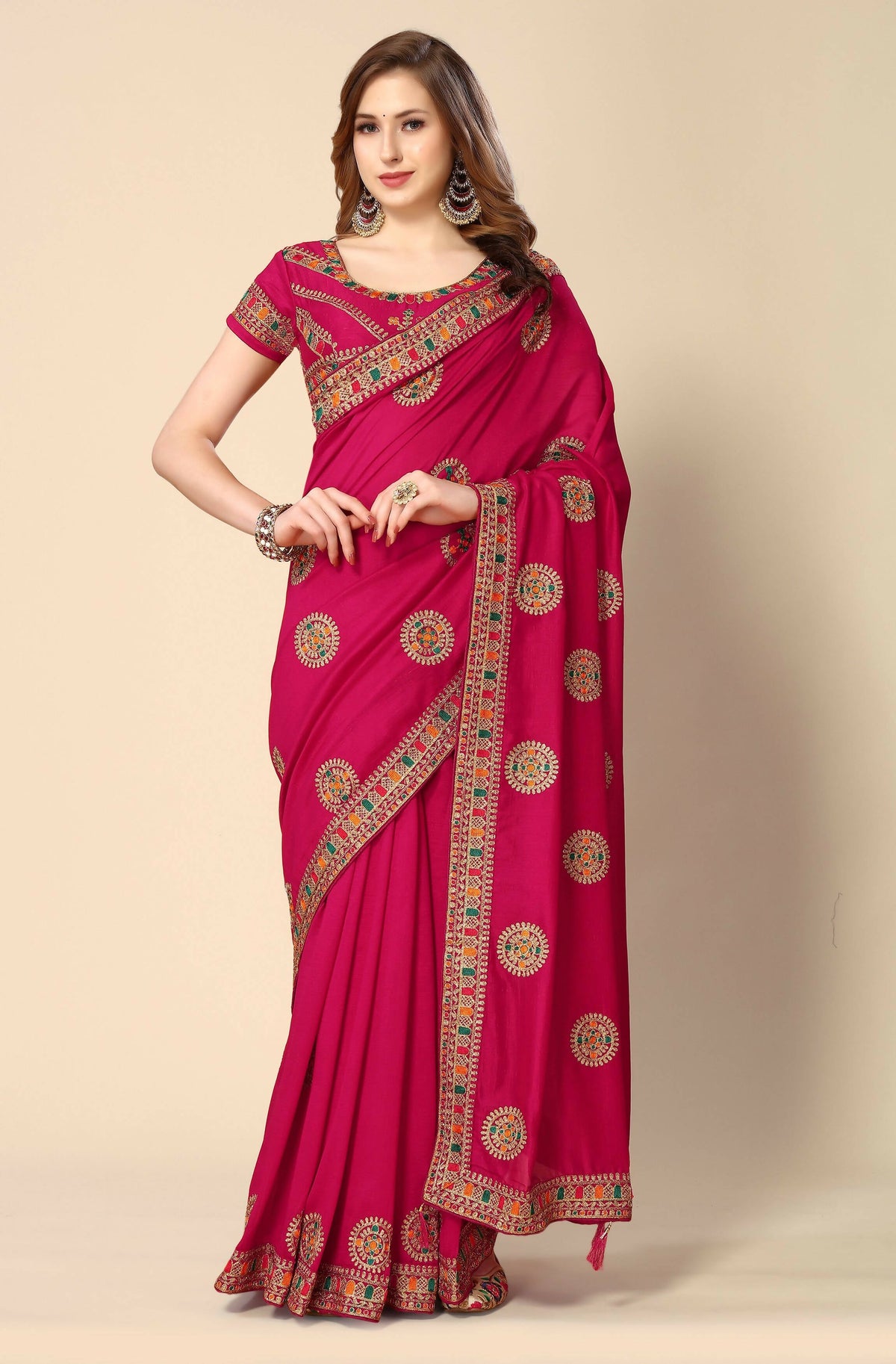 Pink Chinon Embroidered Saree with Unstitched Blouse Piece - Roozal | Grocsy