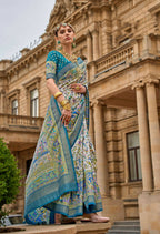 Keppel Blue & White Superior V.P.Silk Woven Printed Patola Silk Saree - Rewaa Milano | Grocsy