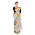 Exclusive Collection 100% Pure Cotton Off White Blue Saree With Printed Work | Grocsy
