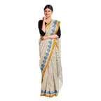 Exclusive Collection 100% Pure Cotton Off White Blue Saree With Printed Work | Grocsy