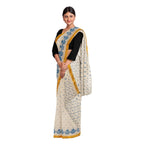 Exclusive Collection 100% Pure Cotton Off White Blue Saree With Printed Work | Grocsy