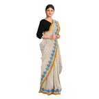 Exclusive Collection 100% Pure Cotton Off White Blue Saree With Printed Work | Grocsy