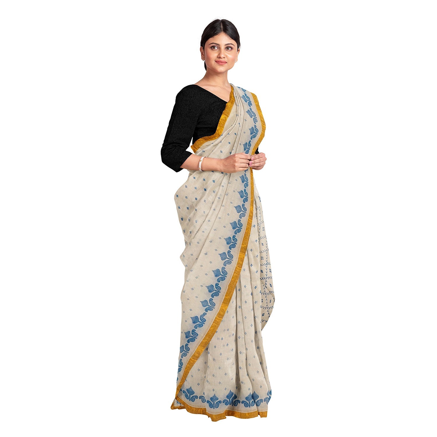 Exclusive Collection 100% Pure Cotton Off White Blue Saree With Printed Work | Grocsy