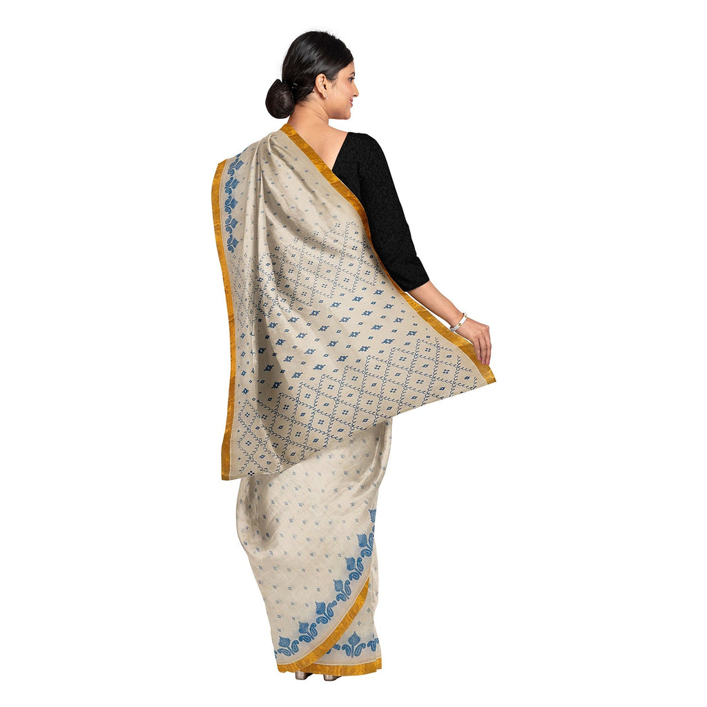 Exclusive Collection 100% Pure Cotton Off White Blue Saree With Printed Work | Grocsy