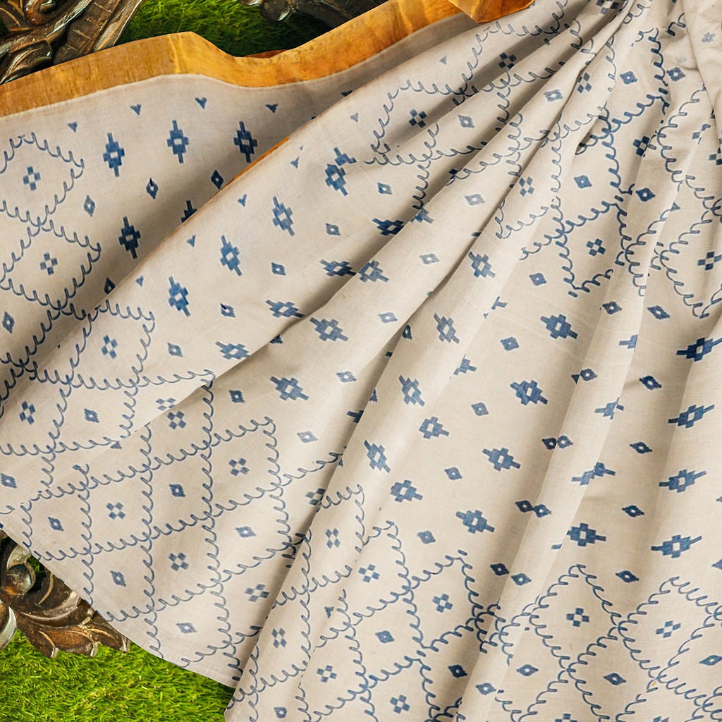Exclusive Collection 100% Pure Cotton Off White Blue Saree With Printed Work | Grocsy