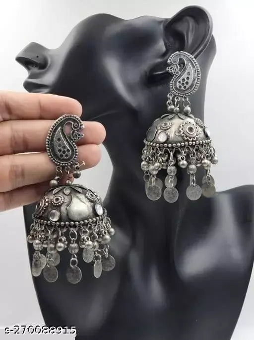 Tehzeeb Creations Women's Black Oxidised Earrings With Ghungroo | Grocsy