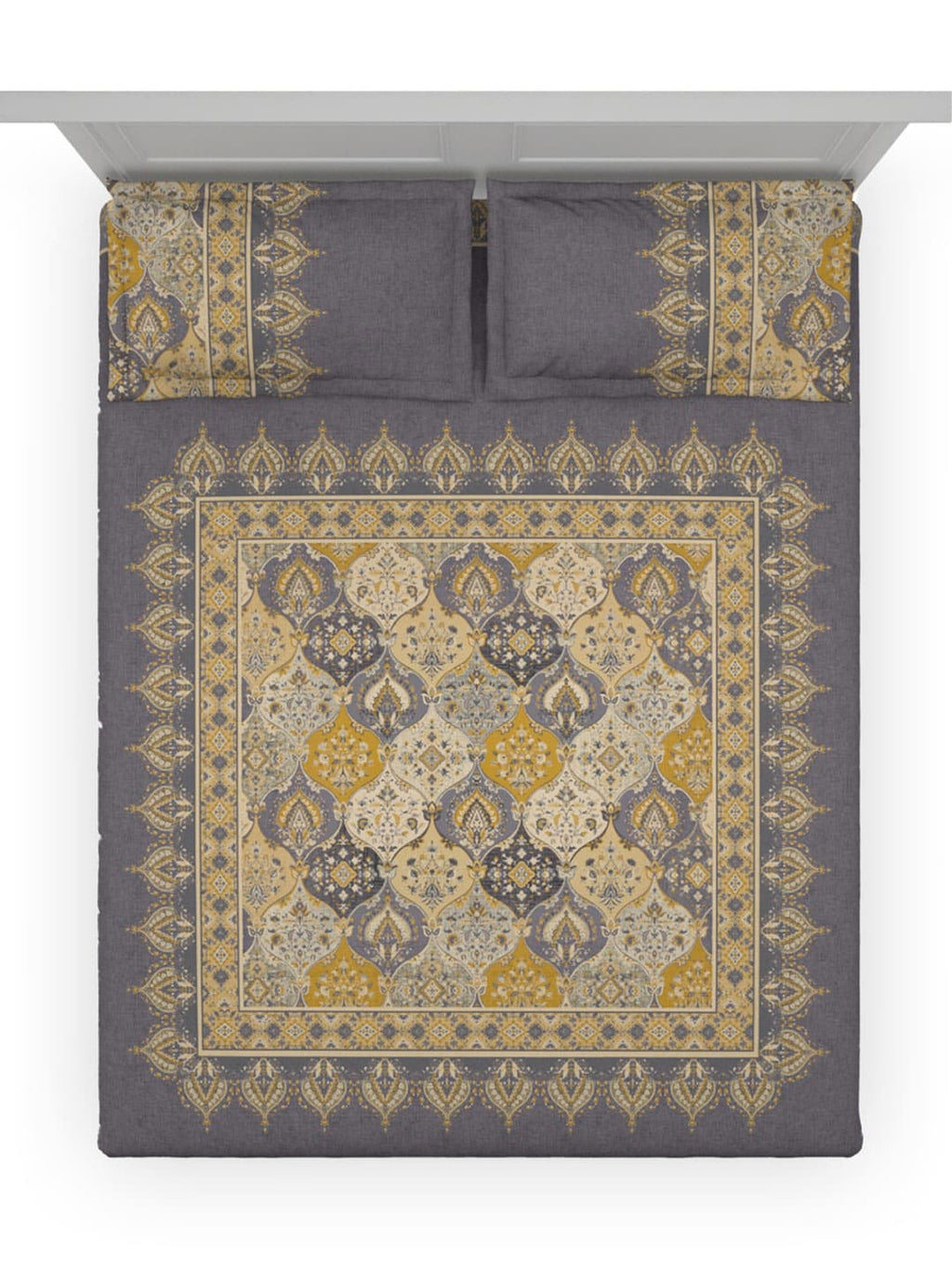 DDecor Grey & Yellow Ethnic Motifs Cotton 140 TC King Bedsheet With 2 Pillow Covers | Grocsy