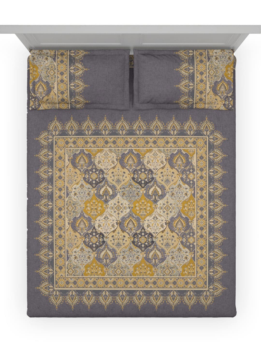 DDecor Grey & Yellow Ethnic Motifs Cotton 140 TC King Bedsheet With 2 Pillow Covers | Grocsy