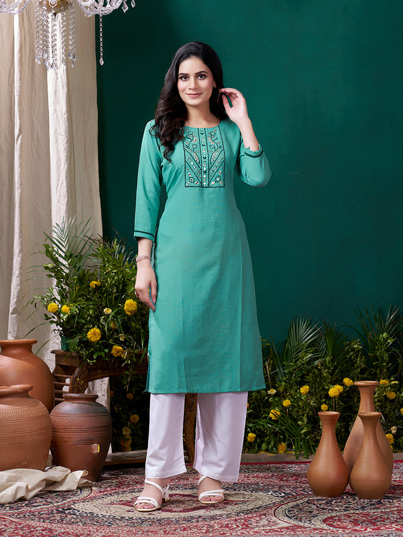 Monjolika Fashion Sky Blue Maaza Cotton Hand Work With Pocket Casual Kurti | Grocsy