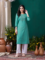 Monjolika Fashion Sky Blue Maaza Cotton Hand Work With Pocket Casual Kurti | Grocsy