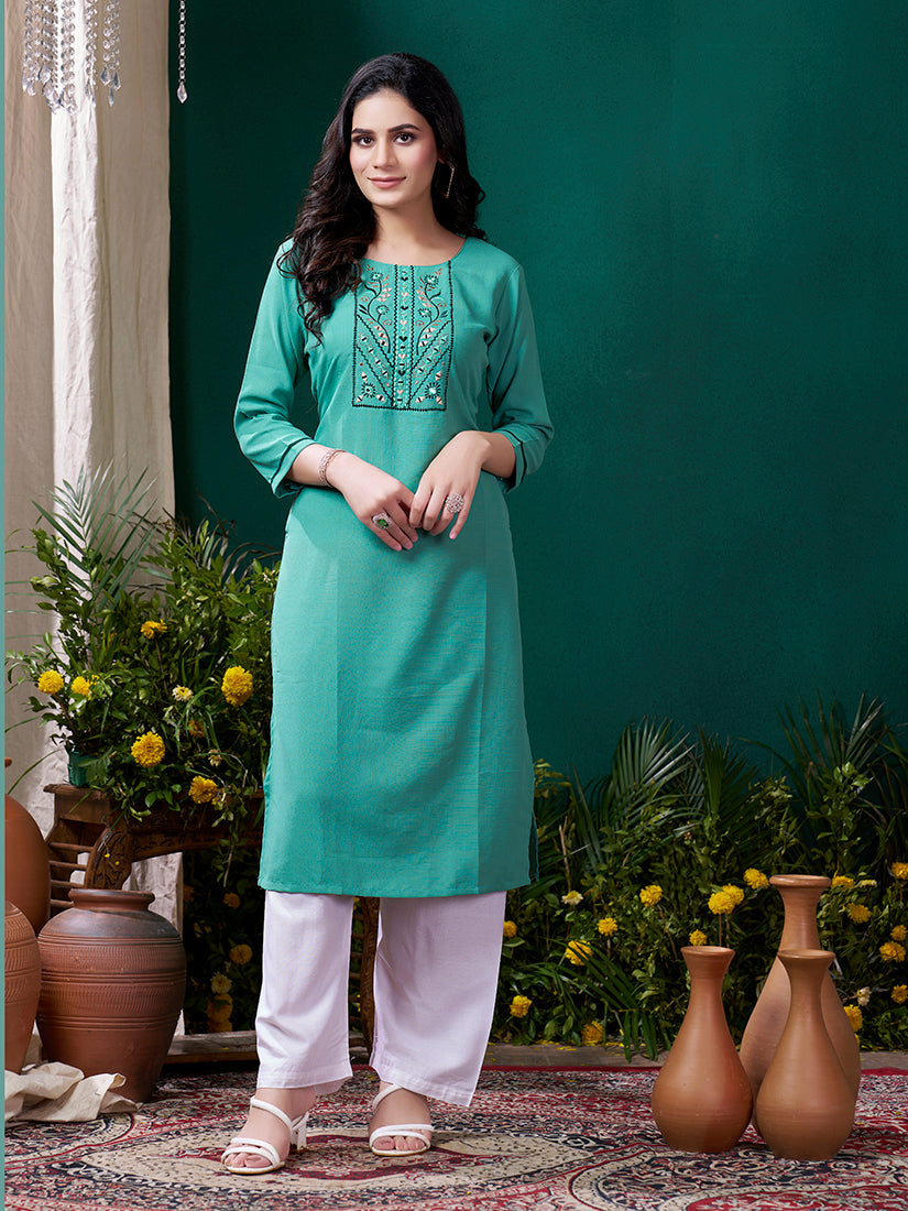 Monjolika Fashion Sky Blue Maaza Cotton Hand Work With Pocket Casual Kurti | Grocsy
