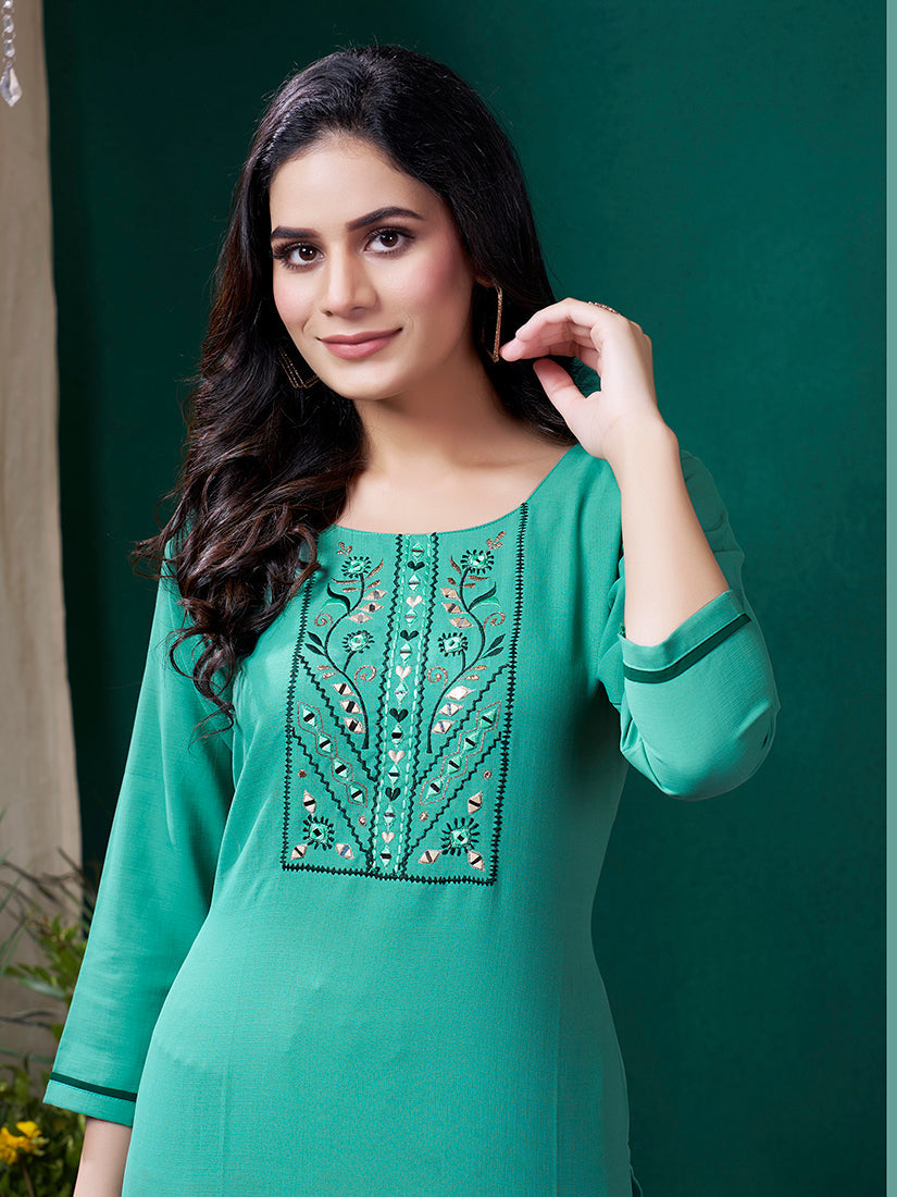 Monjolika Fashion Sky Blue Maaza Cotton Hand Work With Pocket Casual Kurti | Grocsy
