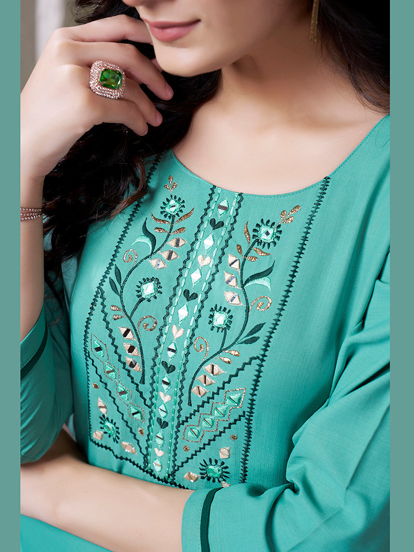 Monjolika Fashion Sky Blue Maaza Cotton Hand Work With Pocket Casual Kurti | Grocsy