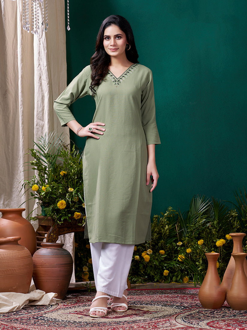 Monjolika Fashion Sage Green Maaza Cotton Hand Work With Pocket Casual Kurti | Grocsy