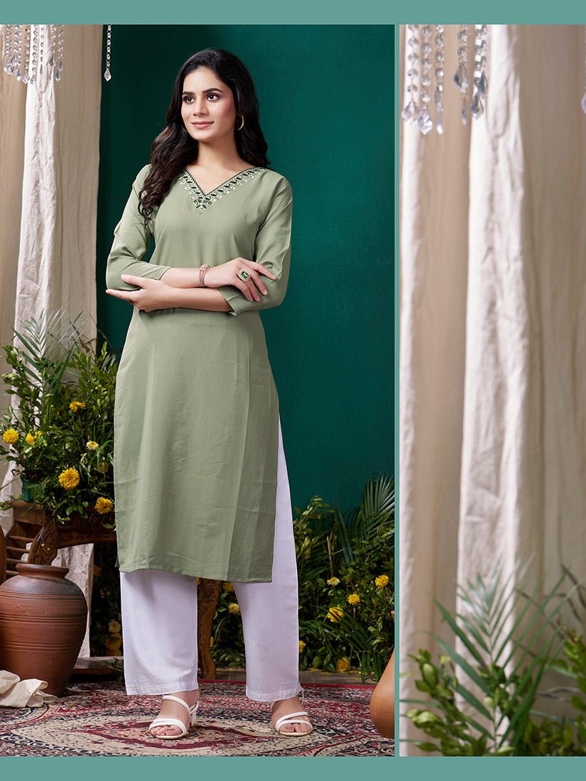 Monjolika Fashion Sage Green Maaza Cotton Hand Work With Pocket Casual Kurti | Grocsy