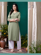 Monjolika Fashion Sage Green Maaza Cotton Hand Work With Pocket Casual Kurti | Grocsy