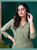 Monjolika Fashion Sage Green Maaza Cotton Hand Work With Pocket Casual Kurti | Grocsy