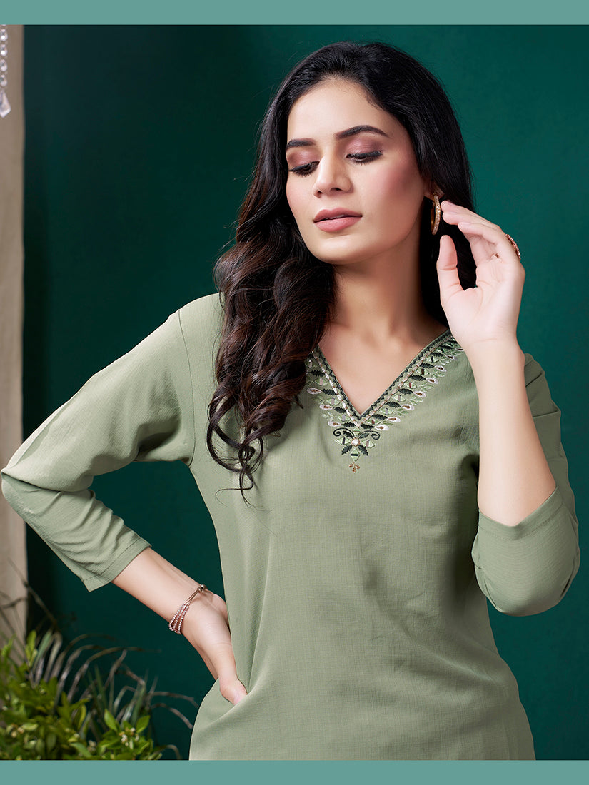 Monjolika Fashion Sage Green Maaza Cotton Hand Work With Pocket Casual Kurti | Grocsy