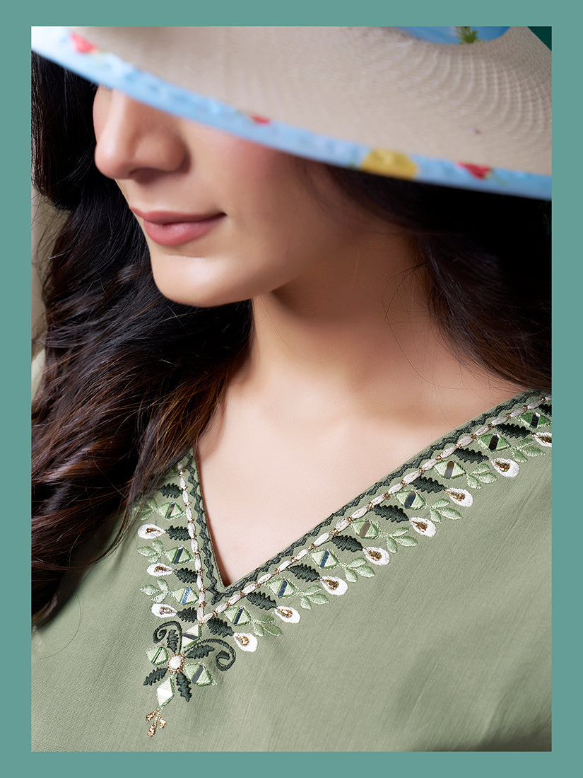 Monjolika Fashion Sage Green Maaza Cotton Hand Work With Pocket Casual Kurti | Grocsy