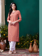 Monjolika Fashion Peach Maaza Cotton Hand Work With Pocket Casual Kurti | Grocsy