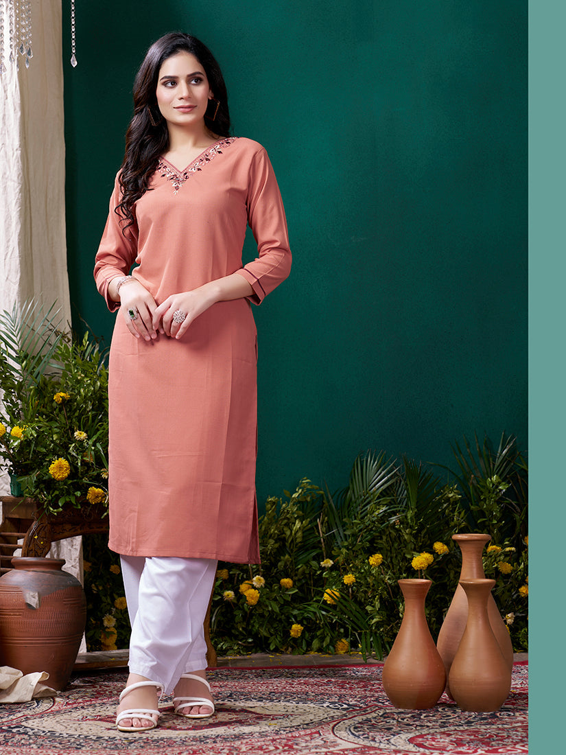 Monjolika Fashion Peach Maaza Cotton Hand Work With Pocket Casual Kurti | Grocsy