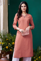 Monjolika Fashion Peach Maaza Cotton Hand Work With Pocket Casual Kurti | Grocsy