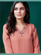 Monjolika Fashion Peach Maaza Cotton Hand Work With Pocket Casual Kurti | Grocsy