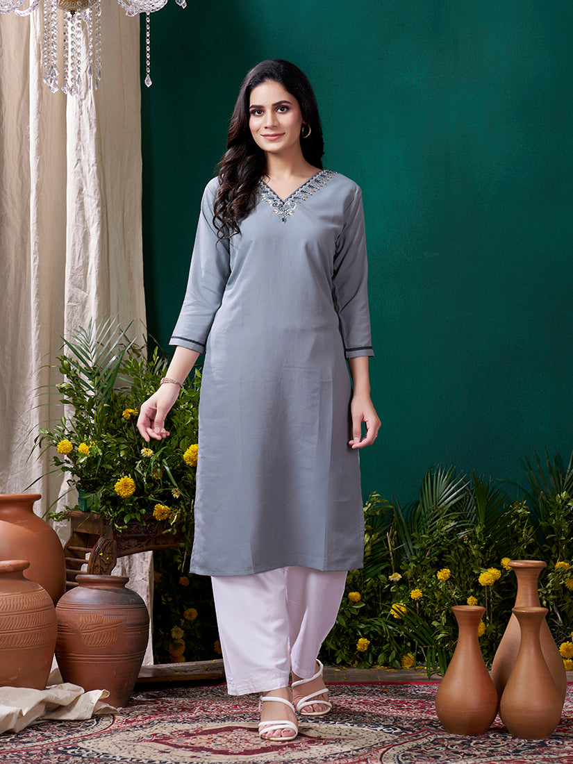 Monjolika Fashion Grey Maaza Cotton Hand Work With Pocket Casual Kurti | Grocsy