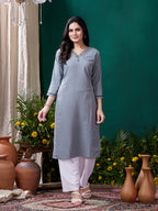 Monjolika Fashion Grey Maaza Cotton Hand Work With Pocket Casual Kurti | Grocsy