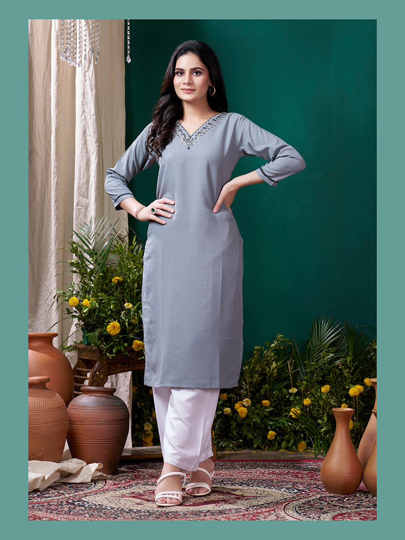 Monjolika Fashion Grey Maaza Cotton Hand Work With Pocket Casual Kurti | Grocsy