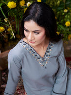 Monjolika Fashion Grey Maaza Cotton Hand Work With Pocket Casual Kurti | Grocsy