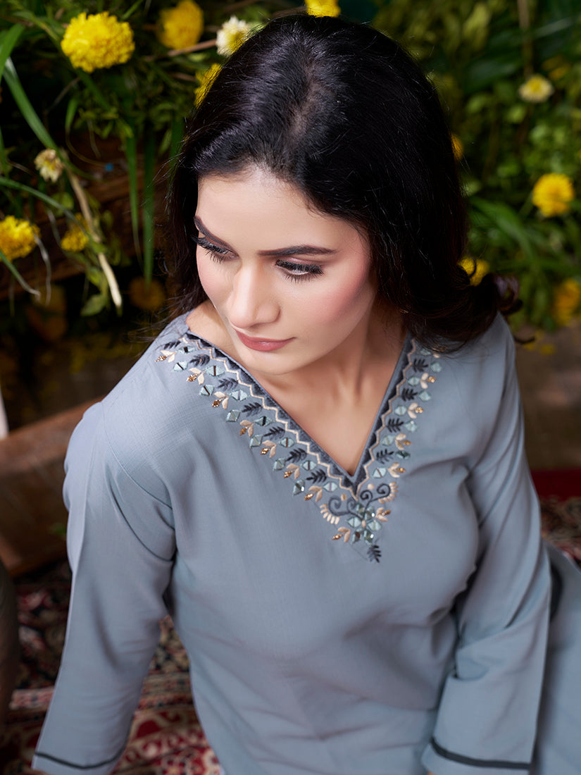 Monjolika Fashion Grey Maaza Cotton Hand Work With Pocket Casual Kurti | Grocsy