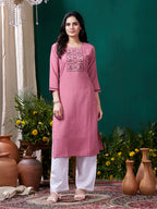 Monjolika Fashion Light Pink Maaza Cotton Hand Work With Pocket Casual Kurti | Grocsy