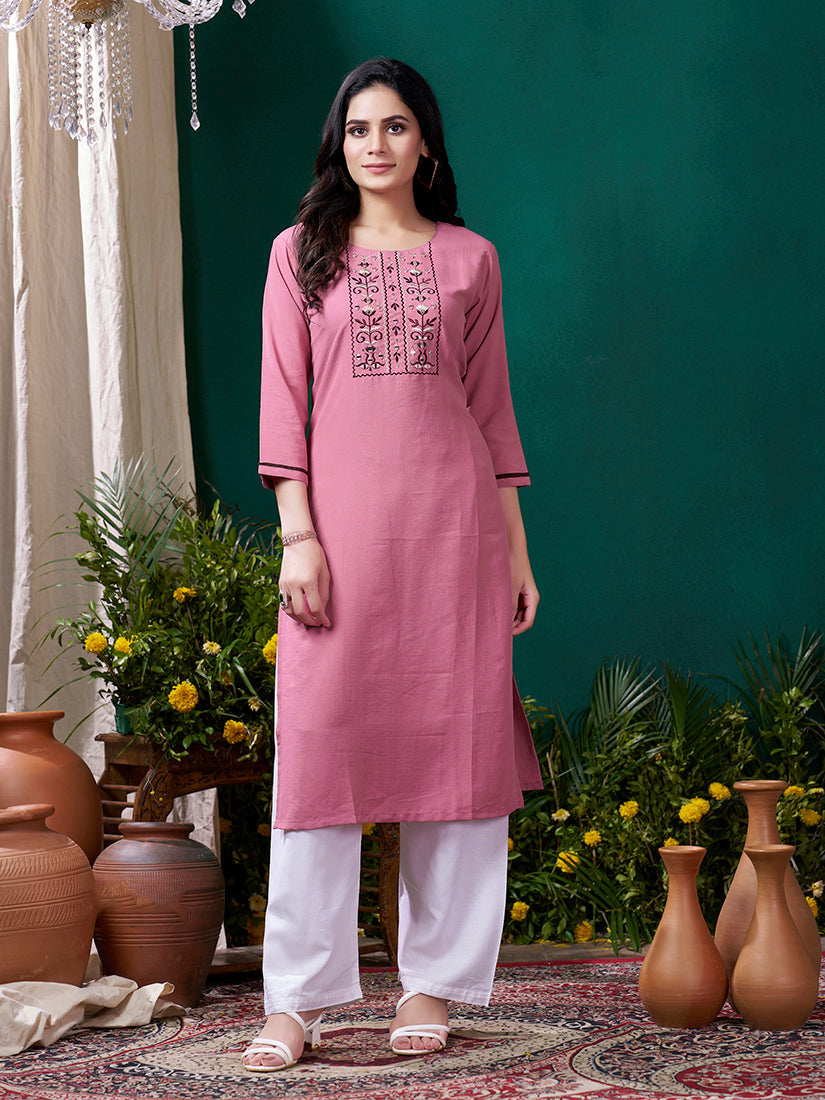 Monjolika Fashion Light Pink Maaza Cotton Hand Work With Pocket Casual Kurti | Grocsy