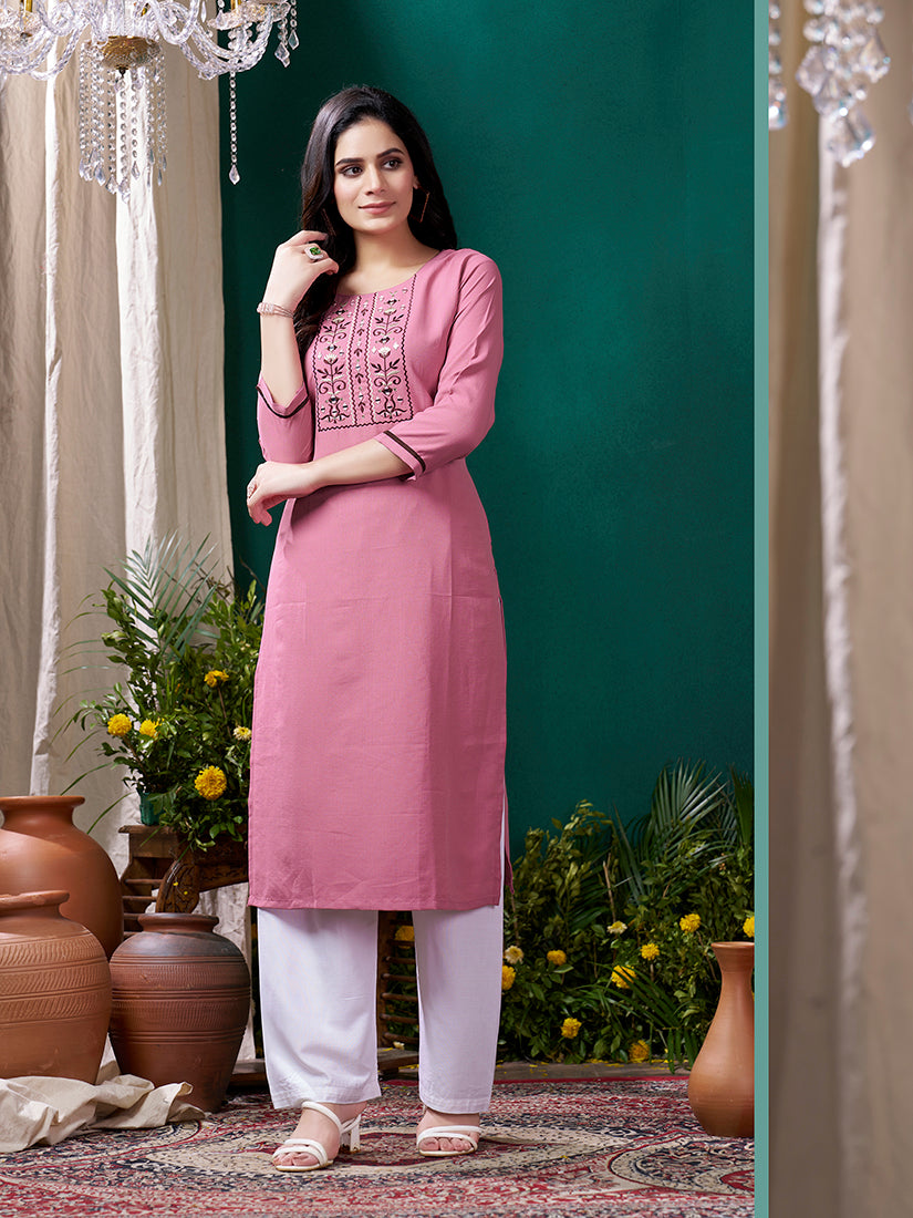 Monjolika Fashion Light Pink Maaza Cotton Hand Work With Pocket Casual Kurti | Grocsy