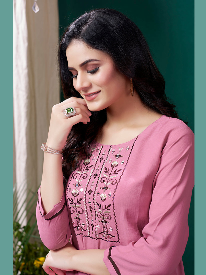 Monjolika Fashion Light Pink Maaza Cotton Hand Work With Pocket Casual Kurti | Grocsy