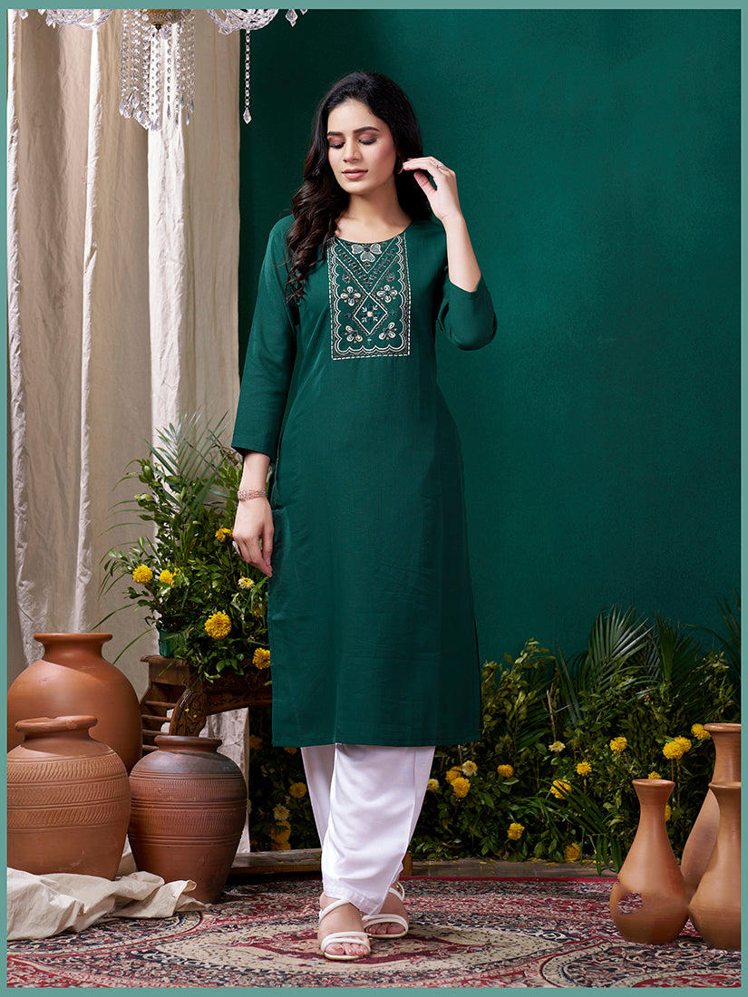 Monjolika Fashion Dark Green Maaza Cotton Hand Work With Pocket Casual Kurti | Grocsy