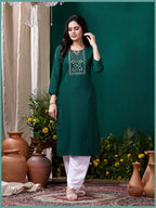 Monjolika Fashion Dark Green Maaza Cotton Hand Work With Pocket Casual Kurti | Grocsy