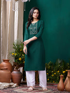 Monjolika Fashion Dark Green Maaza Cotton Hand Work With Pocket Casual Kurti | Grocsy