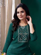 Monjolika Fashion Dark Green Maaza Cotton Hand Work With Pocket Casual Kurti | Grocsy