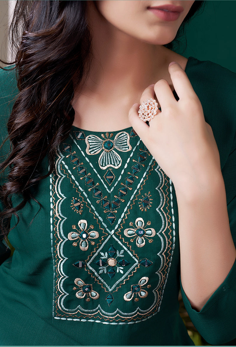 Monjolika Fashion Dark Green Maaza Cotton Hand Work With Pocket Casual Kurti | Grocsy
