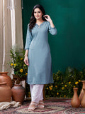 Monjolika Fashion Light Blue Maaza Cotton Hand Work With Pocket Casual Kurti | Grocsy