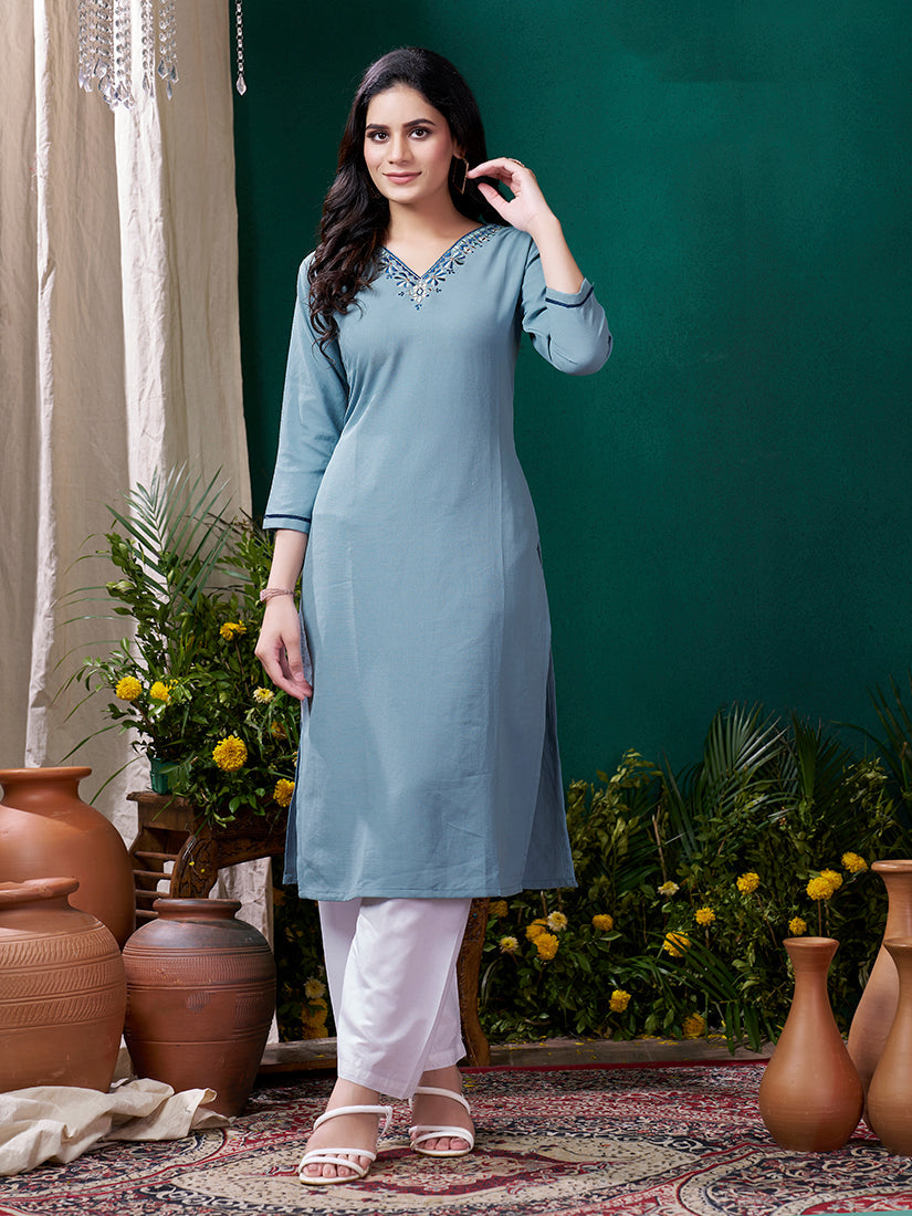 Monjolika Fashion Light Blue Maaza Cotton Hand Work With Pocket Casual Kurti | Grocsy