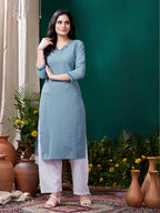 Monjolika Fashion Light Blue Maaza Cotton Hand Work With Pocket Casual Kurti | Grocsy