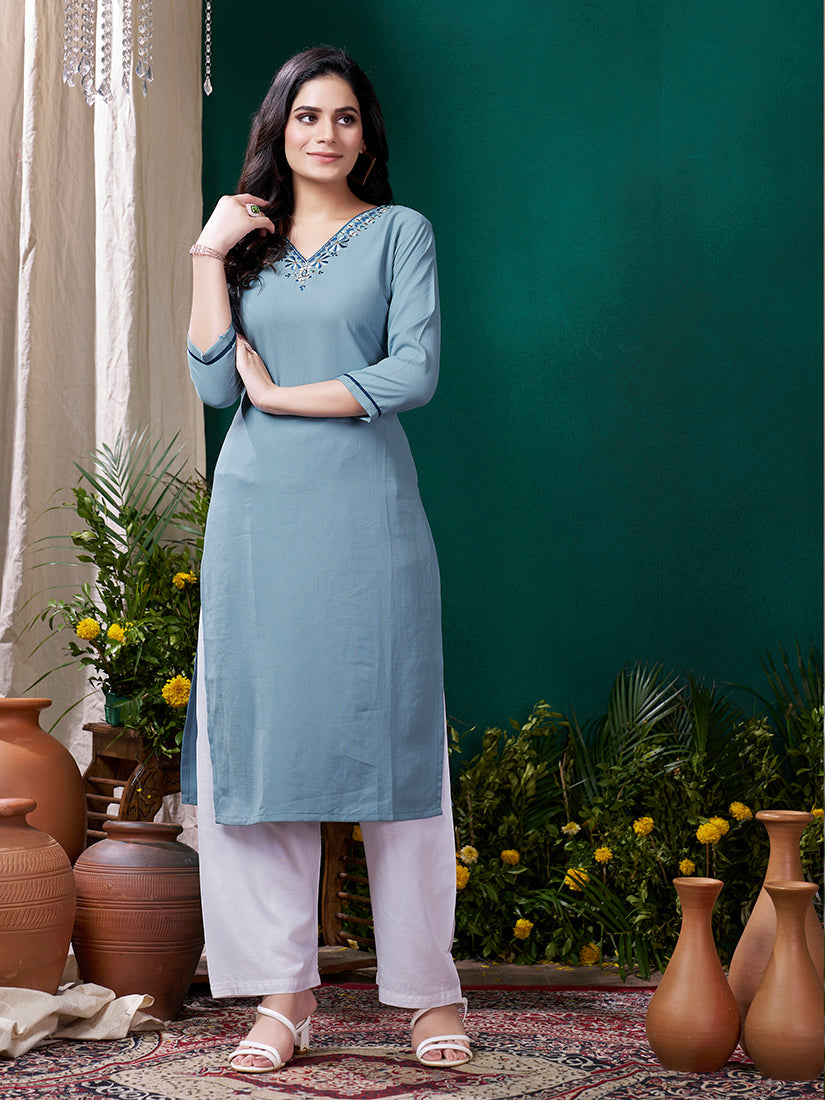 Monjolika Fashion Light Blue Maaza Cotton Hand Work With Pocket Casual Kurti | Grocsy
