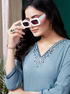 Monjolika Fashion Light Blue Maaza Cotton Hand Work With Pocket Casual Kurti | Grocsy
