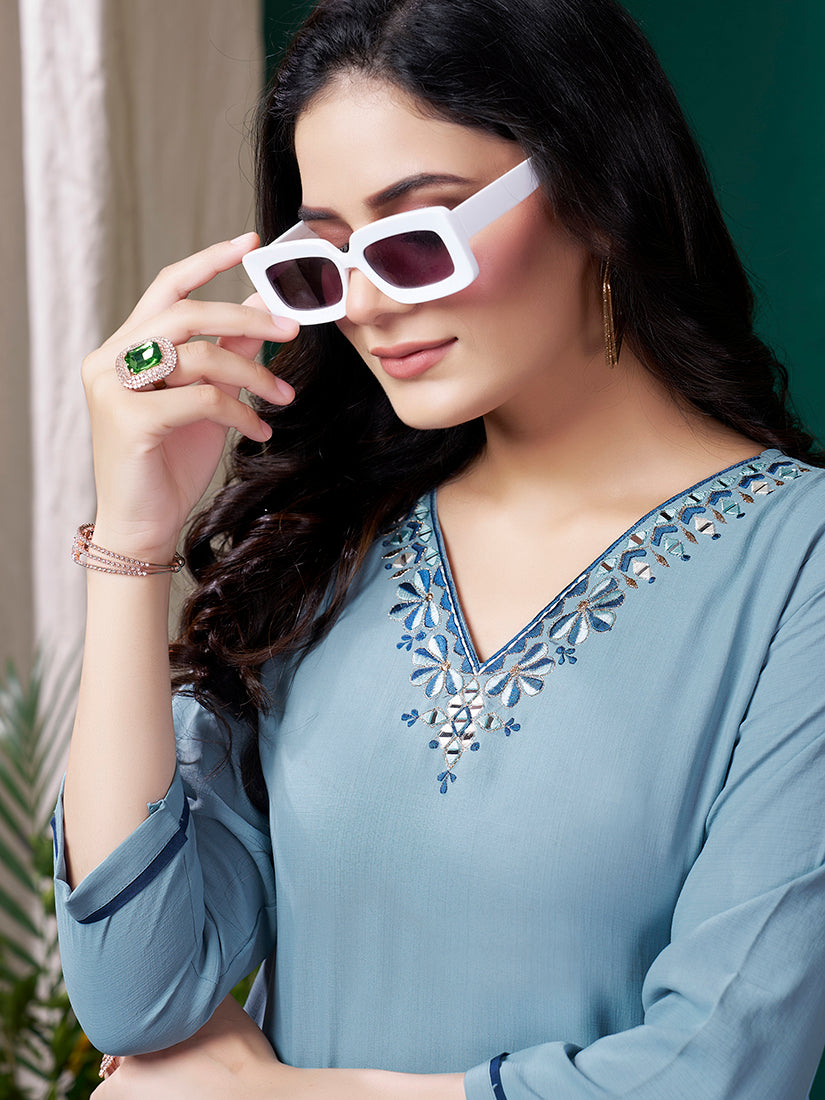 Monjolika Fashion Light Blue Maaza Cotton Hand Work With Pocket Casual Kurti | Grocsy