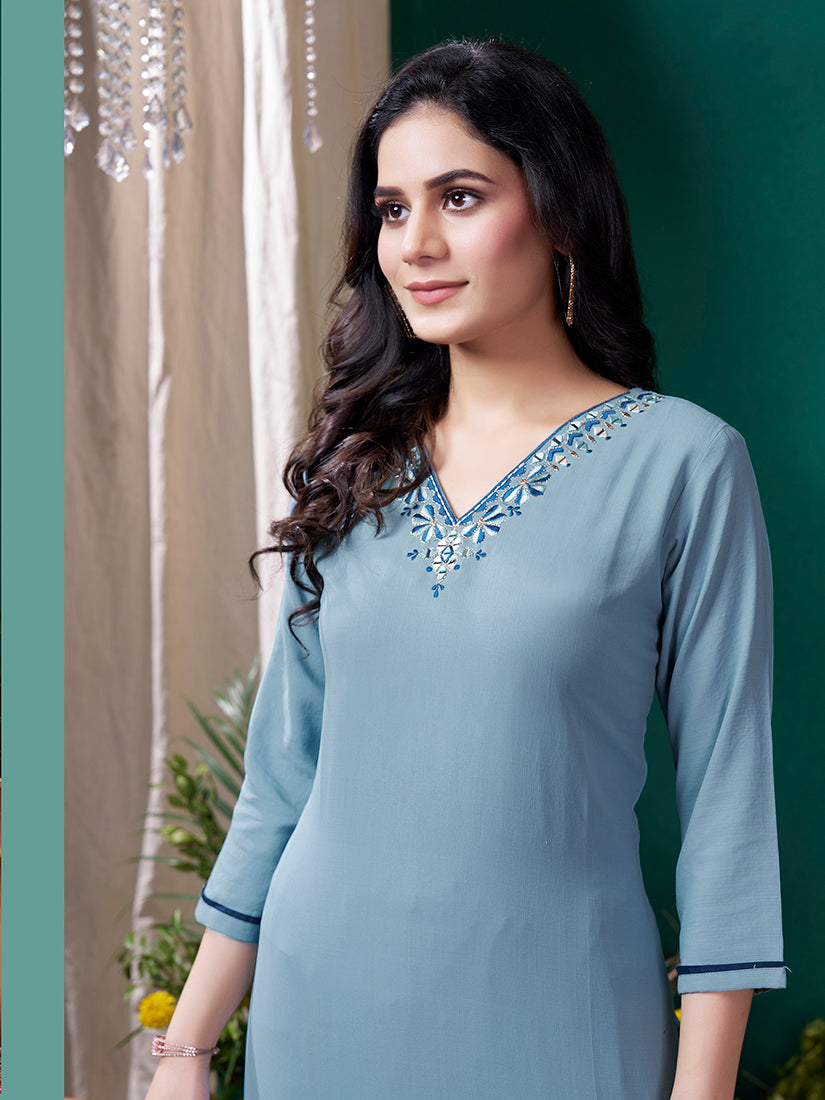 Monjolika Fashion Light Blue Maaza Cotton Hand Work With Pocket Casual Kurti | Grocsy