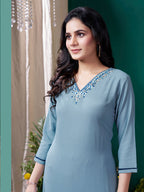 Monjolika Fashion Light Blue Maaza Cotton Hand Work With Pocket Casual Kurti | Grocsy
